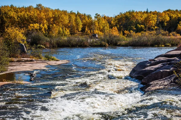 Warm Clear Autumn Day Foam Water Rapids Smooth Stones Winnipeg — Stock Photo, Image