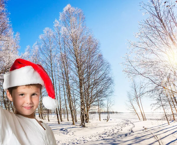 Yeni Yılda Lapland Güneşli Kış Günü Kırmızı Bir Noel Baba — Stok fotoğraf