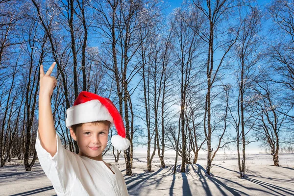Güneşli Kış Günü Kış Orman Kenarında Kırmızı Şapkalı Yakışıklı Çocuk — Stok fotoğraf