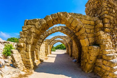  Roma İmparatorluğu'nun arkeolojik Park için gezi. Kemerli geçit - Caesarea bağlantı noktası kapalı sokak. Güneşli bir bahar günü. İsrail. Ekolojik ve tarihsel turizm kavramı