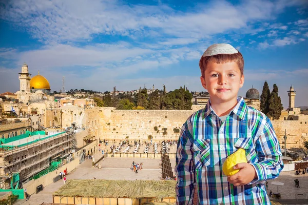 Vacaciones Otoño Sukkot Mayor Santuario Del Judaísmo Boy Western Wall — Foto de Stock