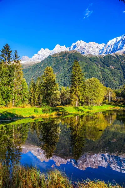 Underbar Solig Höstdag Franska Alperna Mountain Resort Chamonix Stadsparken Upplyst — Stockfoto