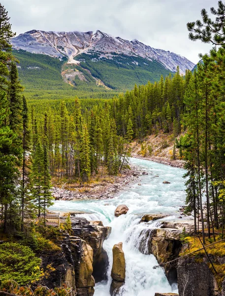 Jasper Nemzeti Park Festői Vízesés Sanvapta Esik Őszi Utazás Kanadába — Stock Fotó