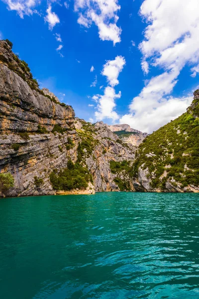 Concept of ecological and active tourism. The journey through the azure waters of Verdon River, Provence Alps, France. The river flow between the sheer cliffs of Verdon Canyon