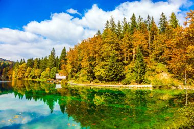 Yağmur sonrası sel. Gölde çok renkli ormanların doğal yansımaları. Kuzey İtalya, Lago de Fusine sessiz Gölü. 