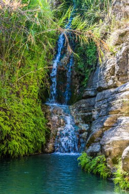 Turkuaz su ve pitoresk basamaklı şelale ile küçük serin gölet.