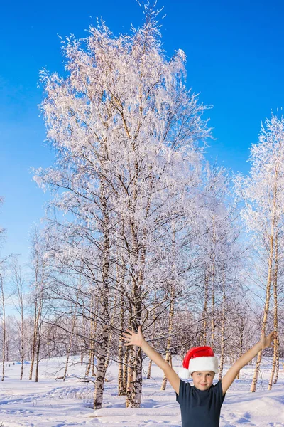 Kış Orman Kenarında Kırmızı Noel Baba Şapkalı Yakışıklı Çocuk — Stok fotoğraf