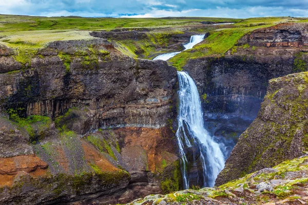 Gloomy July Day Iceland High Waterfall Hayfoss Picturesque Dangerous Tundra Stock Image