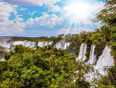  Tropik güneşin şelaleler Iguazu kaynayan su aydınlatır. Bazaltik çıkıntıları ünlü şelaleler şeklinde. Arjantin. 