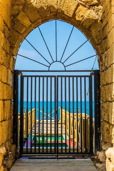 Ruins Ancient City Caesarea Fragment Protective Walls Metal Gates Lock — Stock Photo, Image