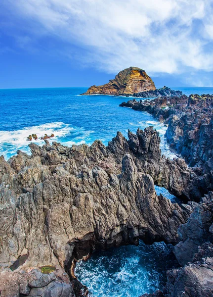 Rocks, coves and grottoes off the Atlantic coast of Madeira.  Paradise Island in the Atlantic Ocean. The concept of exotic and ecological tourism