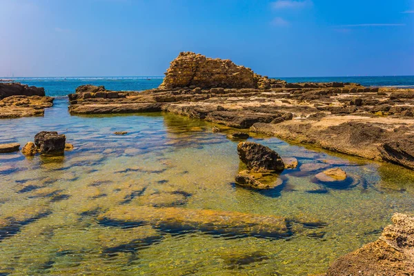 Dzień Wiosny Izraelu Zalane Morze Śródziemne Ruiny Starożytnych Twierdz Pozostałości — Zdjęcie stockowe