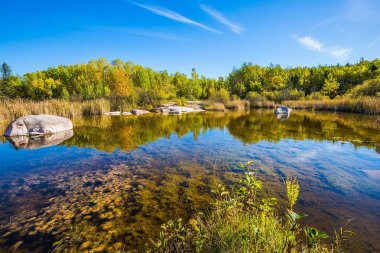  Eski Canada Barajı il Heritage Park. Sıcak sessiz gün. Sarı sonbahar çimleri Winnipeg nehre yansıtılır. Eğlence Turizm kavramı