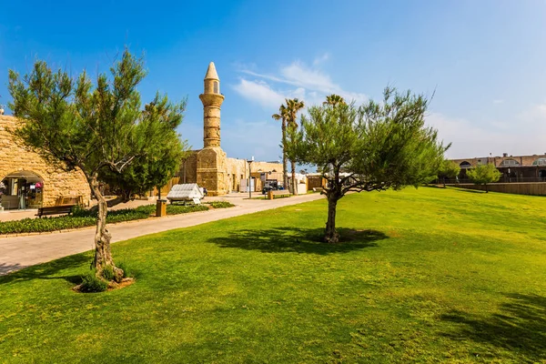 Ruins Ancient Port Caesarea Restored Minaret Surrounded Green Grass Lawn — Stock Photo, Image