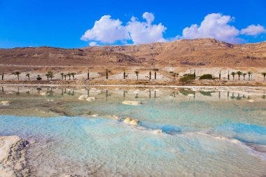 Çok tuzlu Dead Sea azaltılmış su. Buharlaştırılmış tuz. Dead Sea, İsrail. Tıbbi ve ekolojik turizm kavramı