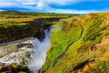  Hvitau Nehri üzerinde Grand Golden şelale. İzlanda - Gullfoss en güzel şelale. Aşırı ve phototourism kavramı
