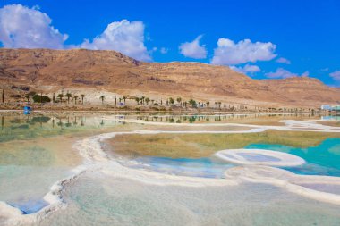  Ekolojik ve Medikal turizm kavramı. Dead Sea, İsrail azaltılmış su. Buharlaştırılmış tuz fantastik kalıpları içine geliştirdi