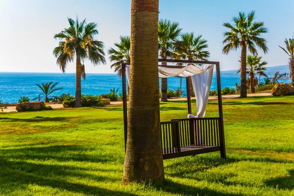 Pôr Sol Mar Mediterrâneo Conceito Praia Férias Luxo Cabana Climática — Fotografia de Stock