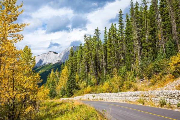 アスファルトの道路は 山の間実行されます カナダのロッキー山脈で曇った秋の日 — ストック写真