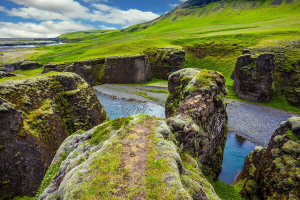  The canyon Fyadrarglyufur in Iceland. Green Tundra in July. Bizarre shape of cliffs and stream with glacial water. The concept of active northern tourism