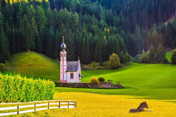 Cappella Santa Maria Maddalena Campanile Nella Valle Delle Dolomiti Concetto — Foto Stock