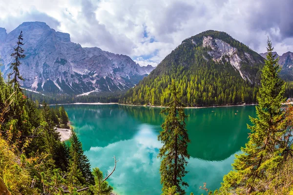 Concepto Senderismo Ecoturismo Agua Verde Refleja Bosque Las Montañas Circundantes — Foto de Stock