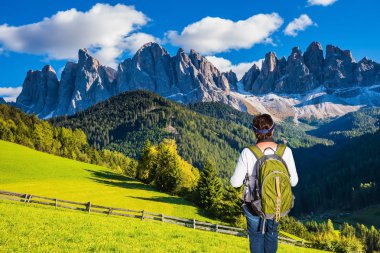 Yeşil Alp çayırlarında kadın turist