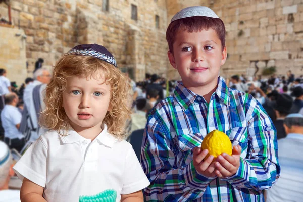 Två vackra judiska pojkar i skull-Caps — Stockfoto