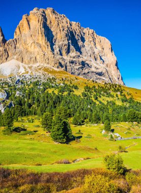 Ekolojik ve ekolojik turizm kavramı. Rüzgarlı bir sonbahar günü. Güney Tirol 'e git. Dolomitlerdeki ünlü Sella Geçidi.