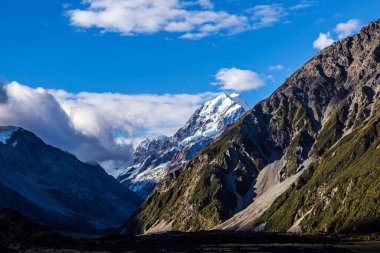 Evening twilight at the bottom of the valley. Mount Cook National Park is located around the highest mountain of New Zealand.  The concept of active, walking, car and photo tourism clipart