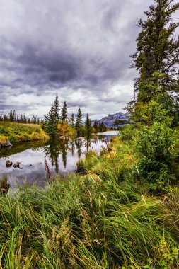  Kanada 'nın gölleri, köknar ve ormanları. Bulutlu gökyüzü pürüzsüz su yüzeyine yansıyor. Pocahontas yolu boyunca uzanan vadi. Etkin ve fotoğraf turizmi kavramı 