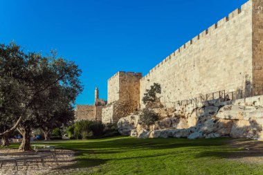Eski Kudüs 'ün kale duvarı. Antik Kale - Davut Kulesi. Sıcak yaz günbatımı. Eski duvarların altında büyüyen sevimli yeşil çimenler. Tarihi, hacı ve fotoğraf turizmi kavramı