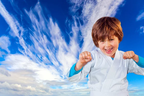 Concept Photo Advertising Children Sports Boy White Kimono Practices Judo — Stock Photo, Image