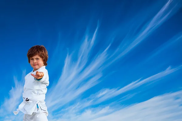 Handsome Boy White Kimono Practices Judo Japanese Martial Art Fighting — Stock Photo, Image