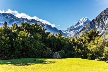 Aktif, yürüme ve fotoğraf turizmi kavramı. Dağın tepesi sonsuz karlarla kaplı. Yeni Zelanda 'nın en yüksek dağı Aoraki veya Cook Dağı' dır.