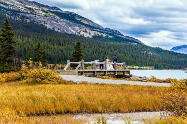 Lake Bow, AlbERTA, Canda - 13 Eylül 2015: Damat, gelin, fotoğrafçı ve asistan tahta bir köprüde. Gölde düğün öncesi fotoğraf çekimi.