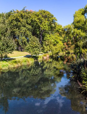 Oldukça sessiz nehir parkın içinden akar. Nehir boyunca karanlık bir ara sokak var. Christchurch Sahnesi Botanik Bahçesi. Yeni Zelanda 'ya, Güney Adası' na git. Ekolojik ve fotoğraf turizmi kavramı