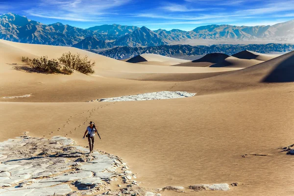 老女人带着相机和三脚架走在沙丘之间 沙尘从沙漠中刮来 加利福尼亚死亡谷的中间平坦的沙丘 积极旅游和摄影旅游的概念 — 图库照片