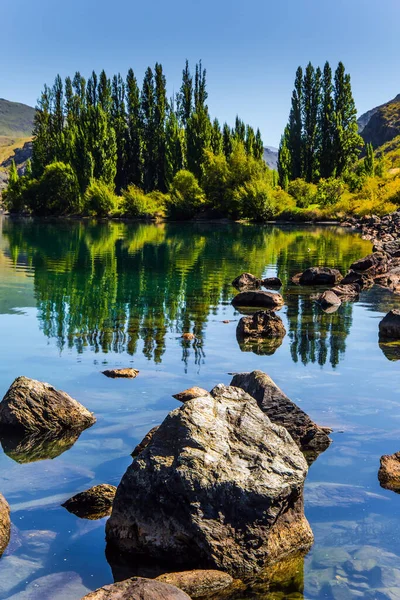 호수에는 현무암 둥근돌 사이프러스 반사되어 있었다 크롬웰의 마법의 뉴질랜드 생태학 — 스톡 사진
