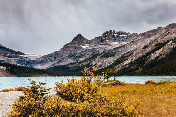 Rockies Din Canada Iarbă Roșie Galbenă Portocalie Toamnă Malul Lacului — Fotografie, imagine de stoc
