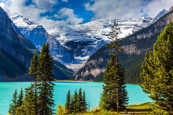   Sunny fine day. The lake with azure water is surrounded by mountains and forests. Glacial Lake Louise in Banff, Canadian Rockies. The concept of ecological, active and photo tourism