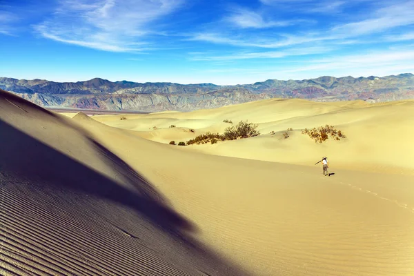 加利福尼亚死亡谷的中间平坦的沙丘 沙尘从沙漠中刮来 老女人带着相机和三脚架走在沙丘之间 积极旅游和摄影旅游的概念 — 图库照片