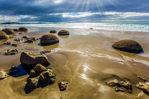 Laag Tij Stille Oceaan Het Zuidereiland Van Nieuw Zeeland Moeraki — Stockfoto