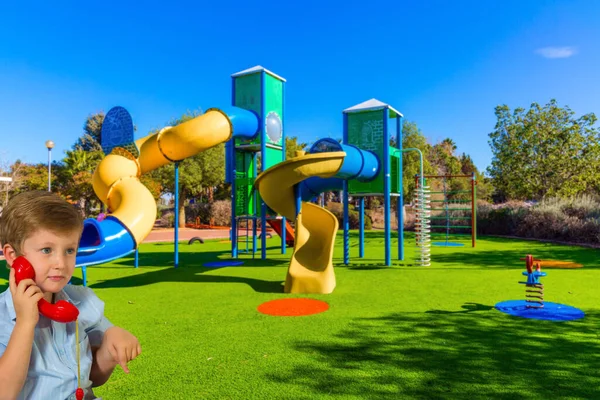 Charming Blond Boy Speaks Red Telephone Cosy Children Playground Variety — Stock Photo, Image