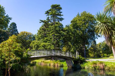 Sakin bir nehrin üzerinde resim gibi bir köprü. Nehir parkın içinden akar. Christchurch Sahnesi Botanik Bahçesi. Hint yazı. Yeni Zelanda 'ya git. Ekolojik ve fotoğraf turizmi kavramı