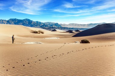 Orta yaşlı kadın çöl fotoğrafları. ABD. Mesquite Flat Sand Dunes, Kaliforniya 'da Ölüm Vadisi' nin bir parçasıdır. Çöl rüzgarından gelen hafif kum dalgaları. Etkin ve fotoğraf turizmi kavramı