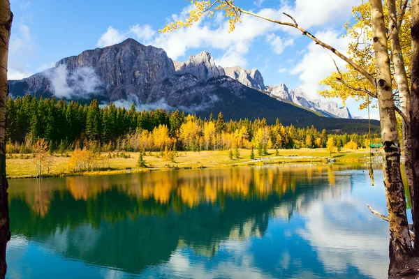 Weelderige Herfst Canadese Rockies Helder Herfstbos Wordt Weerspiegeld Het Gladde — Stockfoto