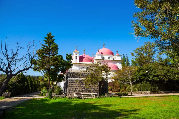豪華な緑の南公園 カペナウム ティベリヤ湖 12人の使徒の修道院 イスラエルだ 礼拝と巡礼の場 宗教巡礼の概念 — ストック写真