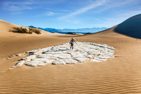 沙尘从沙漠中刮来 女人带着相机和三脚架走在沙丘之间 加利福尼亚死亡谷的中间平坦的沙丘 积极旅游和摄影旅游的概念 — 图库照片