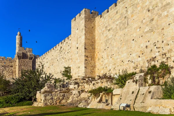 Antiga Cidadela Torre David Pôr Sol Quente Muralhas Monumentais Jerusalém — Fotografia de Stock